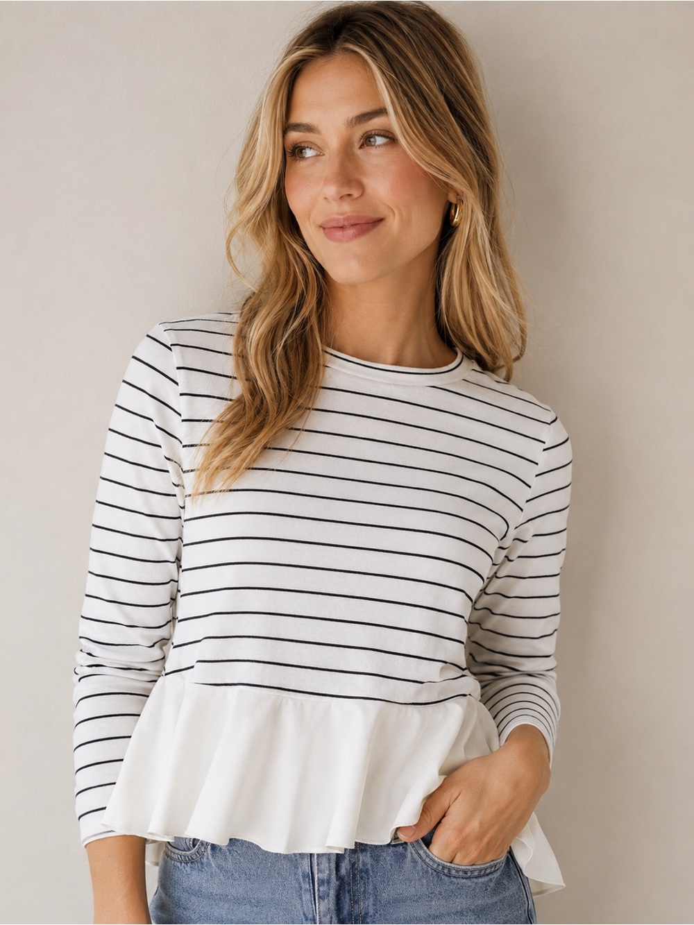 English Factory Striped Peplum Long-Sleeve Top - White/Black XS